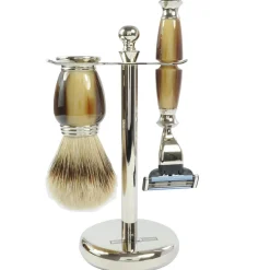 Golddachs Rasur|Rasierset Silberzupf, Galalith silber